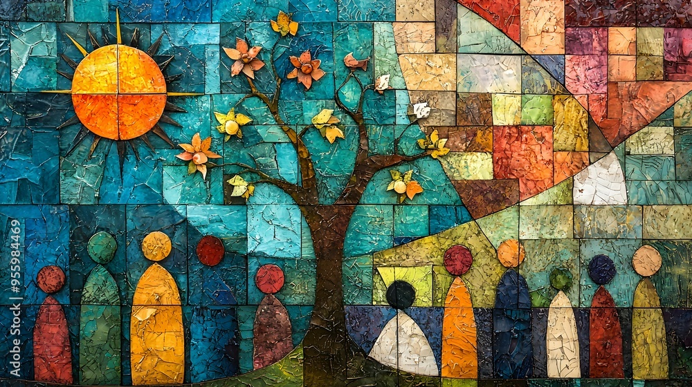 Abstract Mosaic Wall Art with Sun Tree and People Abstract Mosaic Wall Art with Sun Tree and People
