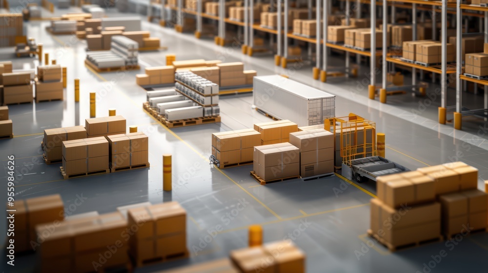 Modern Warehouse Interior with Stacked Cardboard Boxes and Logistics Equipment Modern Warehouse Interior with Stacked Cardboard Boxes and Logistics Equipment