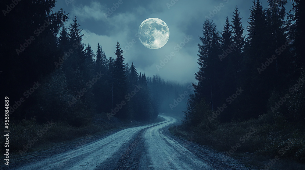 Mountain Road Through Forest on Full Moon Night Mountain Road Through Forest on Full Moon Night
