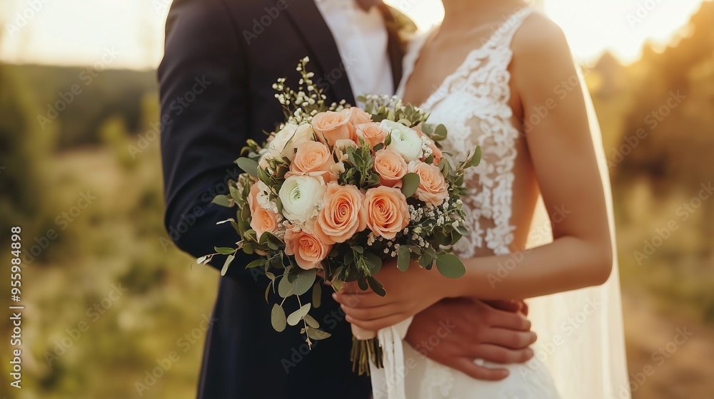 Golden Hour Embrace: A bride and groom, bathed in the warm glow of sunset, hold each other close, her delicate bouquet a symphony of peach and cream. Golden Hour Embrace: A bride and groom, bathed in the warm glow of sunset, hold each other close, her delicate bouquet a symphony of peach and cream.