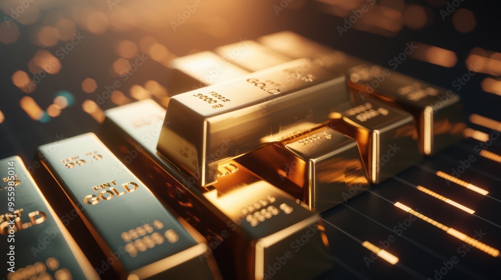 Shiny Gold Bars Stacked in a Modern Financial Setting with Warm Lighting and Bokeh Effects Shiny Gold Bars Stacked in a Modern Financial Setting with Warm Lighting and Bokeh Effects