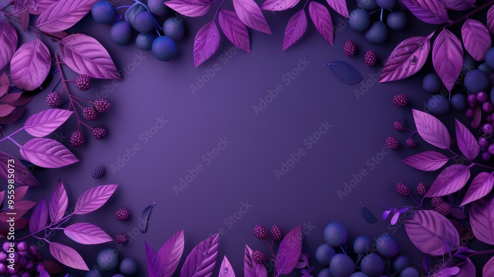 Fototapeta premium Vibrant Purple Leaves and Berries Frame on Dark Background - Nature Inspired Botanical Border