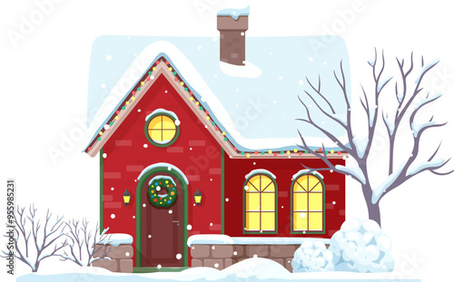 Christmas winter house building exterior with snowy roof. Xmas festive town cottage cartoon vector exterior, Christmas village home snowy facade or winter holiday house outdoor isolated scene