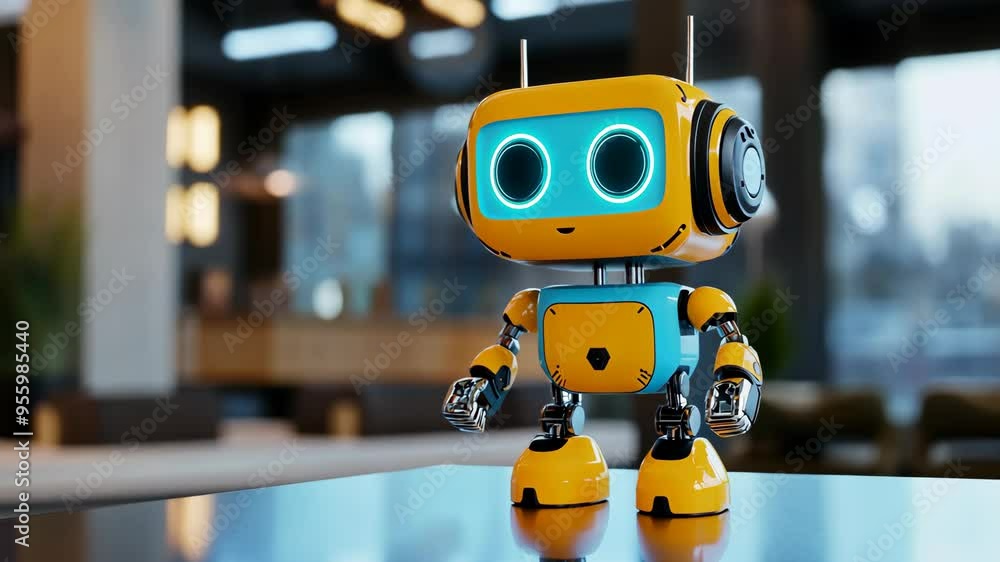 A friendly robot showcases its features in a modern café setting during a bright afternoon A friendly robot showcases its features in a modern café setting during a bright afternoon