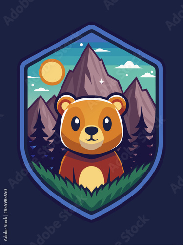 Cartoon Bear in Mountain Landscape with Sun
