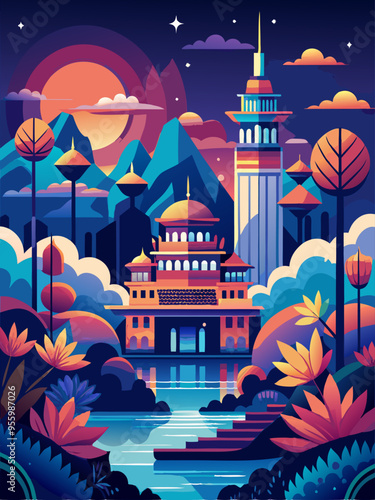 A Stylized Cityscape with Geometric Buildings and Lush Foliage