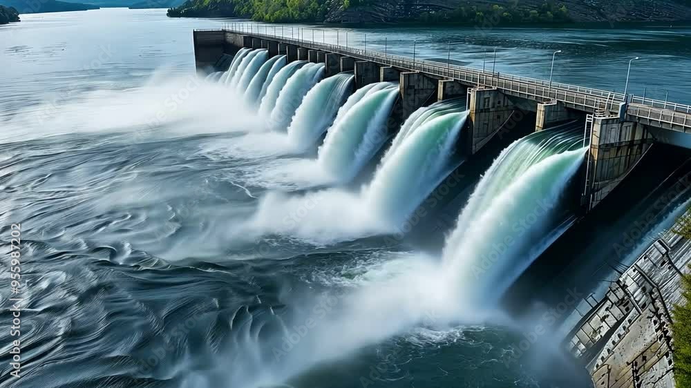 A hydroelectric power plant adjacent to a dam, its turbines harnessing