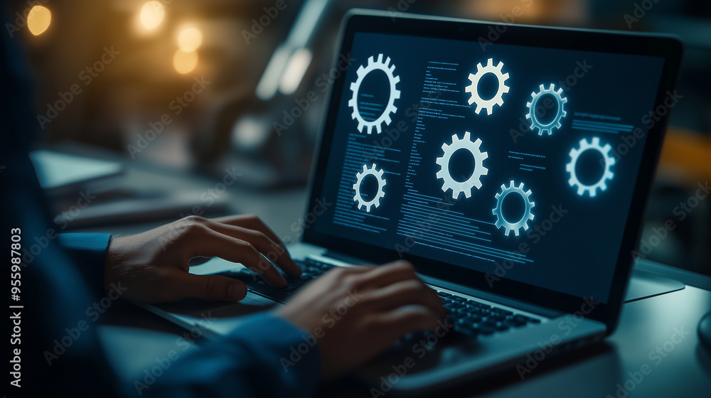 Software Engineer Working on Laptop with Gears on Screen Software Engineer Working on Laptop with Gears on Screen