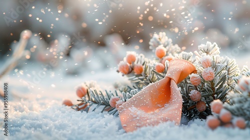 Obraz na płótnie A frosty scene with a peach tie ornamented with tiny flecks w salonie