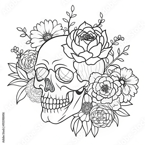 Wallpaper Mural Intricate Skull and Floral Design for Coloring Books and Print-on-Demand T-Shirts Torontodigital.ca