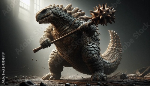 Fantasy Beast Wielding Spiked Club in a Barren Desert Landscape