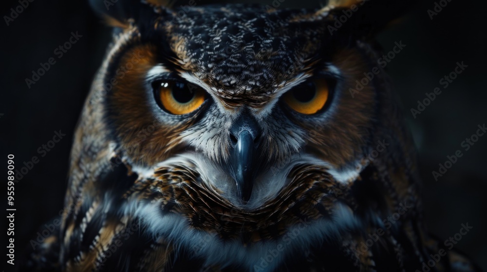 An owl's intense gaze illuminated by dramatic lighting, showcasing captivating features and a mysterious aura An owl's intense gaze illuminated by dramatic lighting, showcasing captivating features and a mysterious aura