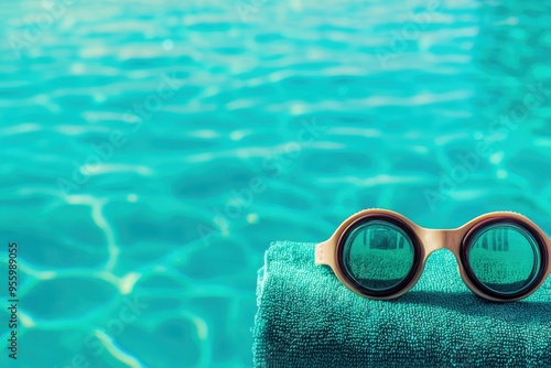 A set of swimming gear: goggles, cap, and a towel, placed on a poolside lounge chair, with a shimmering pool and diving board in the background