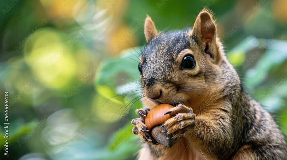 A curious squirrel enjoys an acorn while surrounded by lush green foliage in nature's paradise A curious squirrel enjoys an acorn while surrounded by lush green foliage in nature's paradise