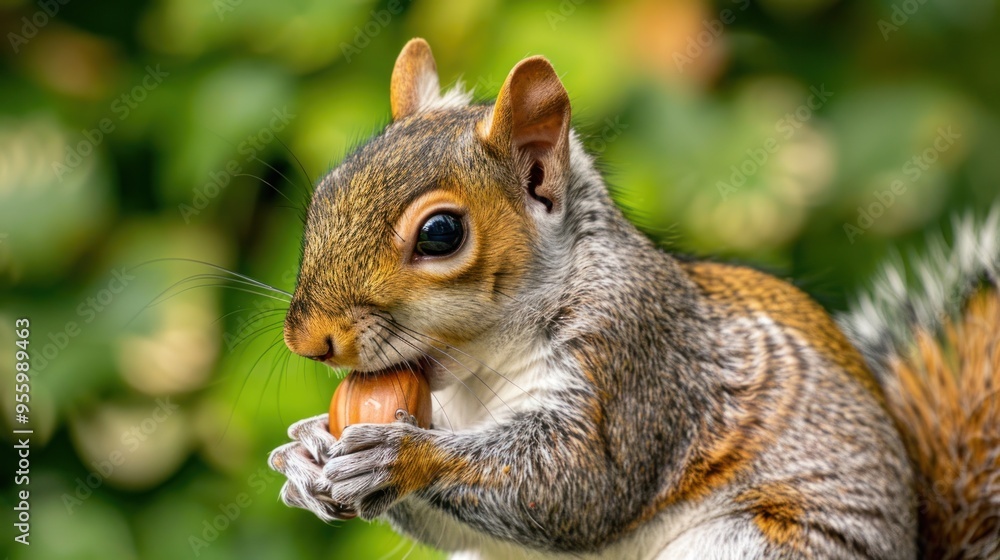 A curious squirrel enjoys an acorn while surrounded by lush green foliage in nature's paradise A curious squirrel enjoys an acorn while surrounded by lush green foliage in nature's paradise