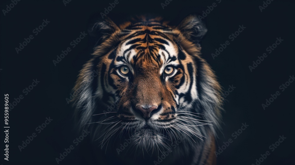 Fototapeta premium Majestic tiger gazes intensely in dramatic low-key lighting against a dark backdrop