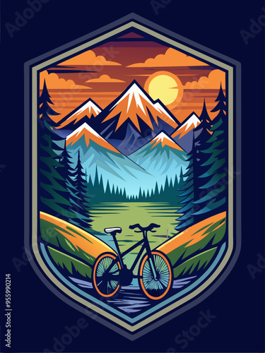 Mountain Bike Sunset Illustration with a Mountainous Landscape