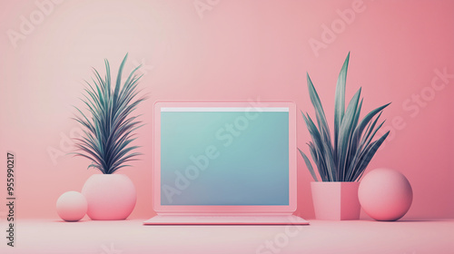 Pink Laptop with Plants and Geometric Shapes