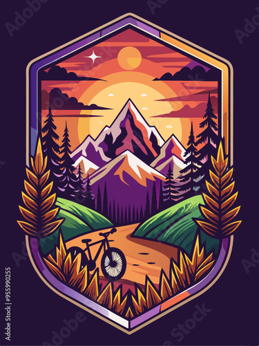 Mountain Biking Landscape with Sunset and Forest