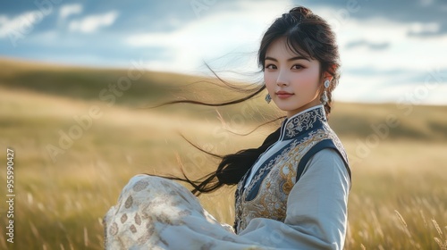 Asian woman in traditional Mongolian Deel, standing in vast open grasslands, wind in her hair, capturing the essence of the steppes photo