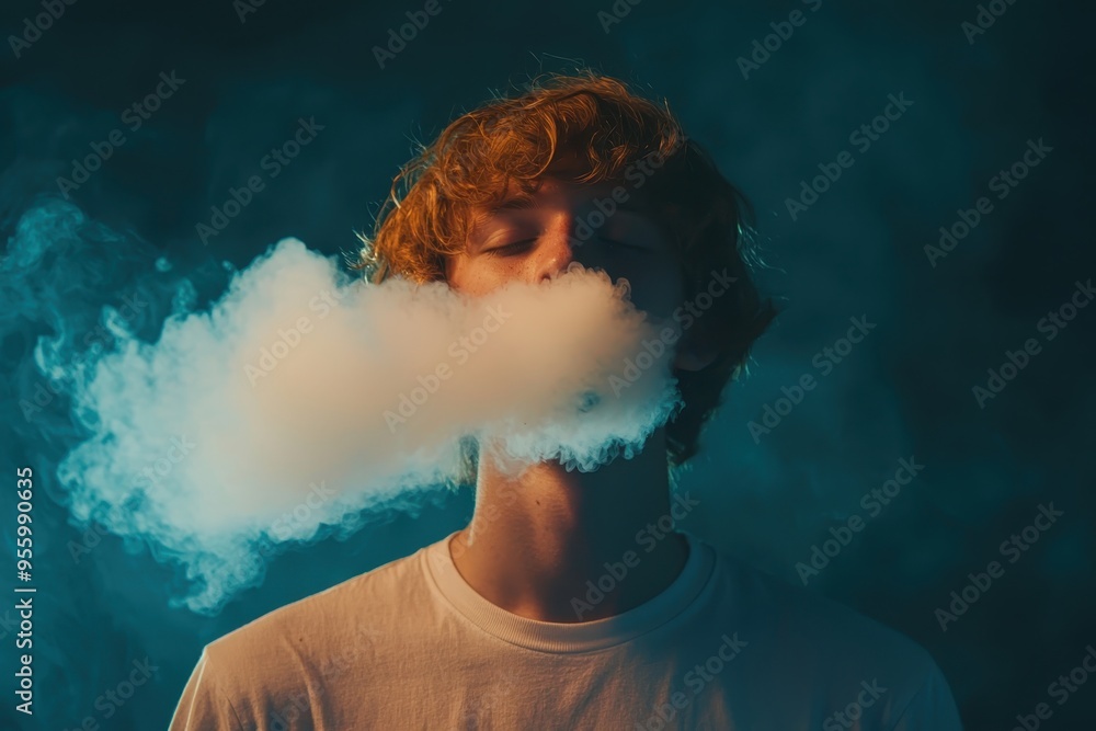 A young person using an electronic vape and exhaling a large cloud of smoke.
A young person using an electronic vape and exhaling a large cloud of smoke.
