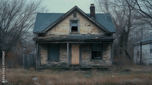 A run down house with a porch and a chimney. The house is old and abandoned. Scene is sad and lonely