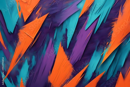 A bold abstract background with sharp angular paint strokes in bright orange teal and purple, AI Generated photo