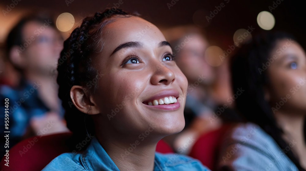 Joyful Expression of a Woman Enjoying a Cinema Experience Joyful Expression of a Woman Enjoying a Cinema Experience