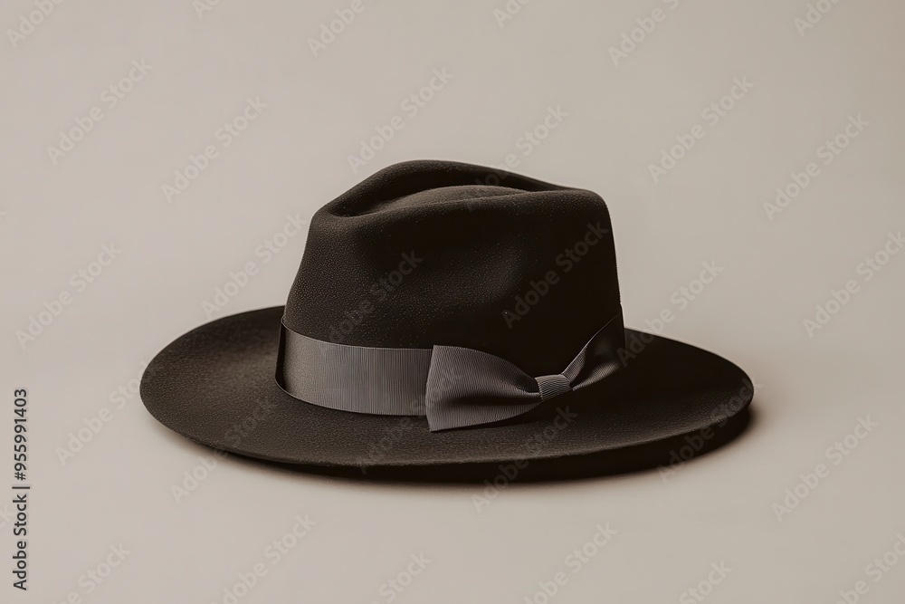 A classic black hat with a ribbon, elegantly displayed on a neutral background. A classic black hat with a ribbon, elegantly displayed on a neutral background.