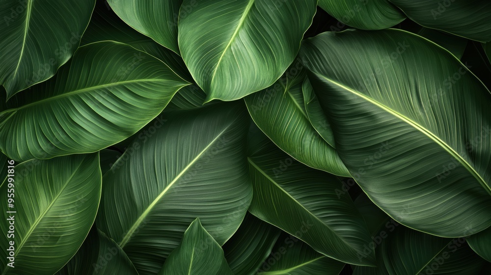 Obraz premium A close up of green leaves with water droplets on them. The leaves are arranged in a way that creates a sense of depth and texture. The image conveys a feeling of freshness and vitality