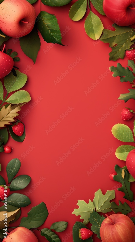 Vibrant Red Background with Fresh Apples, Strawberries, and Green Leaves for Seasonal and Festive Designs Vibrant Red Background with Fresh Apples, Strawberries, and Green Leaves for Seasonal and Festive Designs