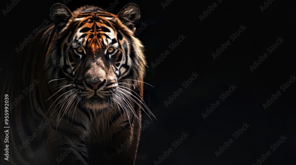 Majestic tiger gazes intensely in dramatic low-key lighting against a dark backdrop Majestic tiger gazes intensely in dramatic low-key lighting against a dark backdrop