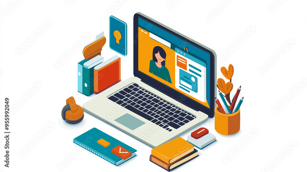 Online Learning Concept with Laptop, Books, and Pens Online Learning Concept with Laptop, Books, and Pens
