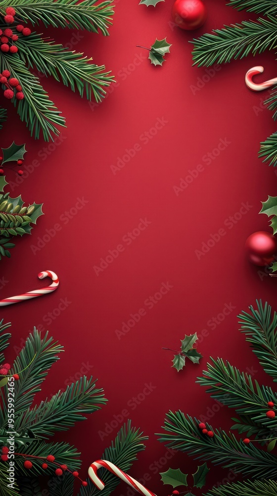 Festive Christmas Background with Pine Branches, Holly Leaves, Candy Canes, and Red Ornaments on Red Festive Christmas Background with Pine Branches, Holly Leaves, Candy Canes, and Red Ornaments on Red