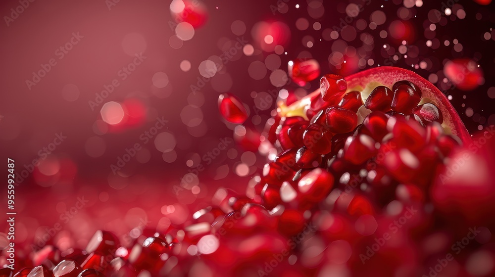 Obraz premium Close-Up of Fresh Pomegranate Seeds with Bokeh Effect on Red Background