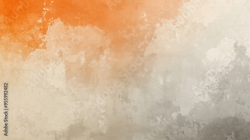 A painting of a cloudy sky with a splash of orange. The orange is in the middle of the painting and is surrounded by a greyish background. The painting has a moody and somewhat somber feel to it