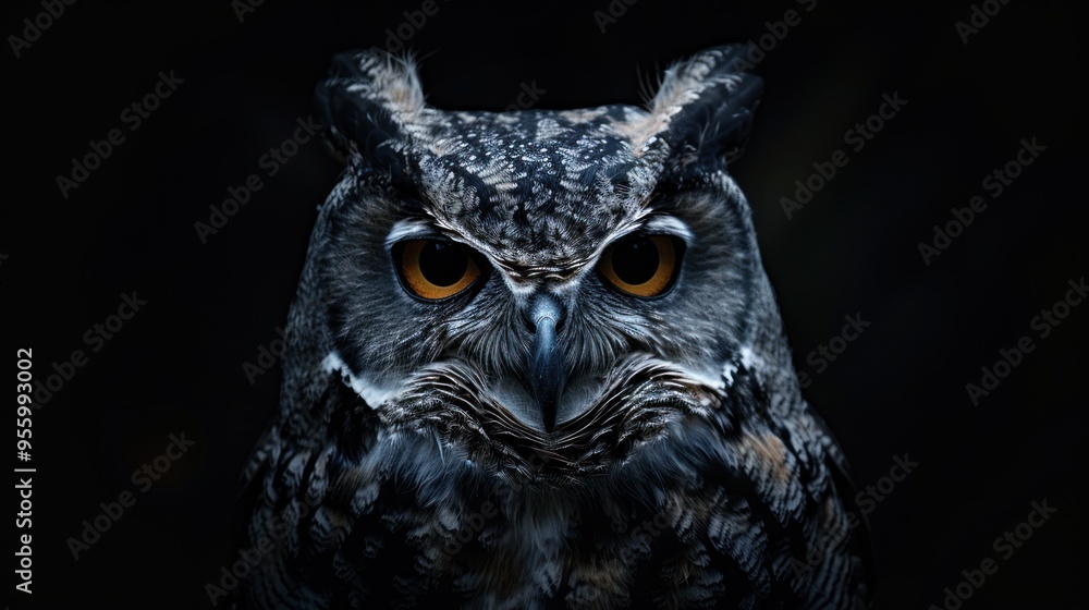 Owl with piercing gaze illuminated by overhead light against a deep black background Owl with piercing gaze illuminated by overhead light against a deep black background