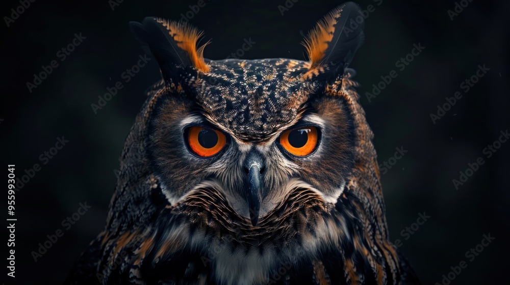 Owl with piercing gaze illuminated by overhead light against a deep black background Owl with piercing gaze illuminated by overhead light against a deep black background
