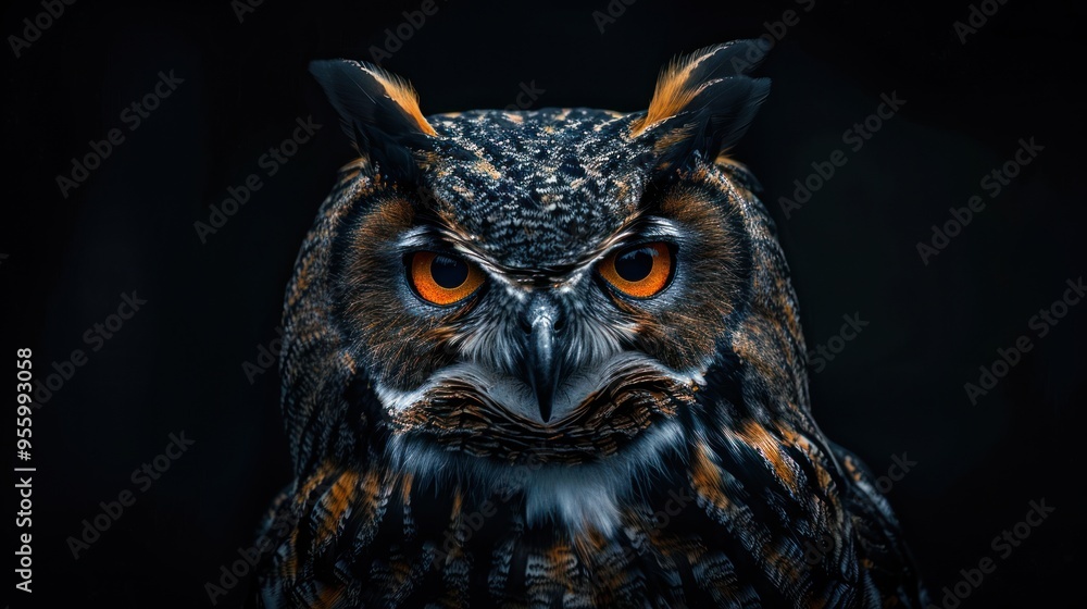 Owl with piercing gaze illuminated by overhead light against a deep black background Owl with piercing gaze illuminated by overhead light against a deep black background