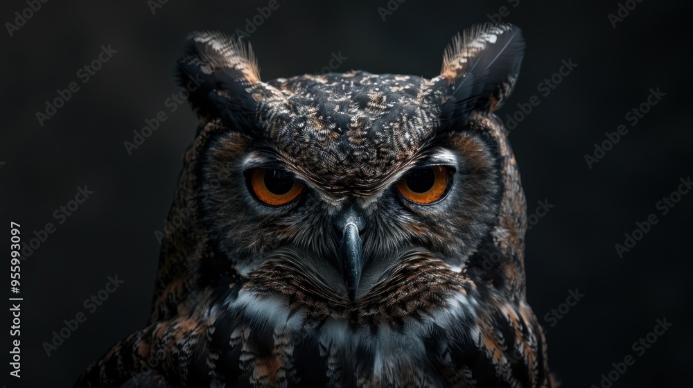 Owl with piercing gaze illuminated by overhead light against a deep black background Owl with piercing gaze illuminated by overhead light against a deep black background