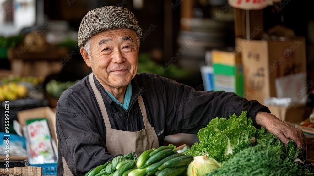Fototapeta premium an old Japanese man who was selling vegetables at the market