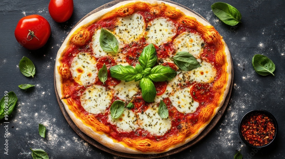 Delicious Homemade Margherita Pizza with Fresh Basil Delicious Homemade Margherita Pizza with Fresh Basil