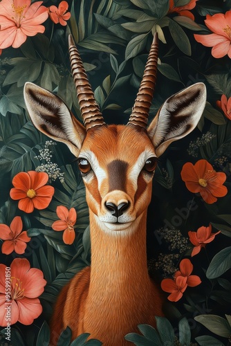 Portrait of a Graceful Gazelle Surrounded by Vibrant Flowers and Lush Greenery in a Natural Setting photo