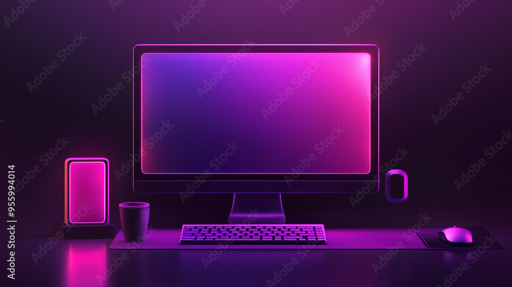 Modern Desktop Computer with Pink and Blue Gradient Screen in a Dark Room Modern Desktop Computer with Pink and Blue Gradient Screen in a Dark Room
