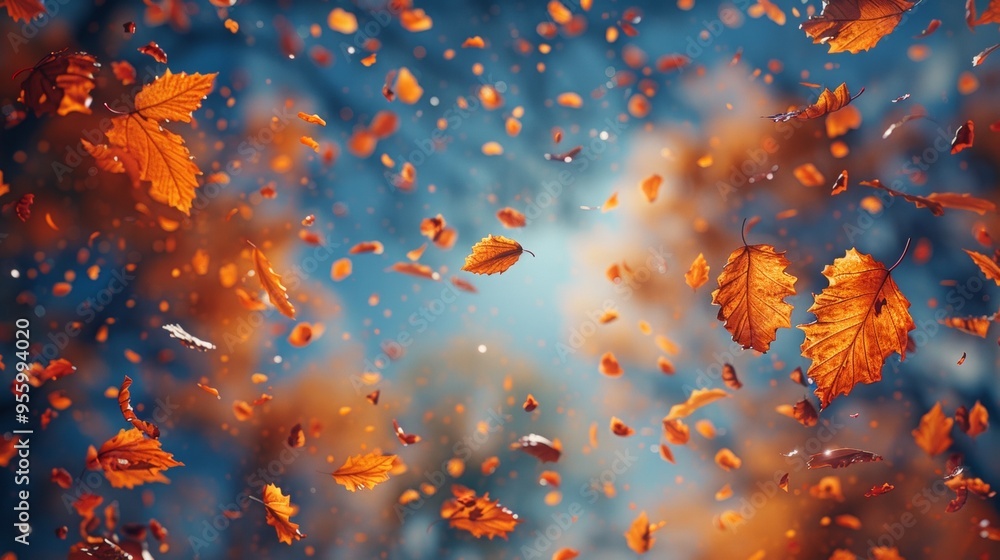 The leaves we see are over a clear, blue sky background. The leaves we see are over a clear, blue sky background.