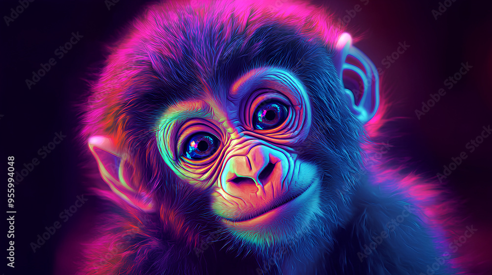 Fototapeta premium Dynamic scene of a colorful psychedelic neon colored baby gorilla