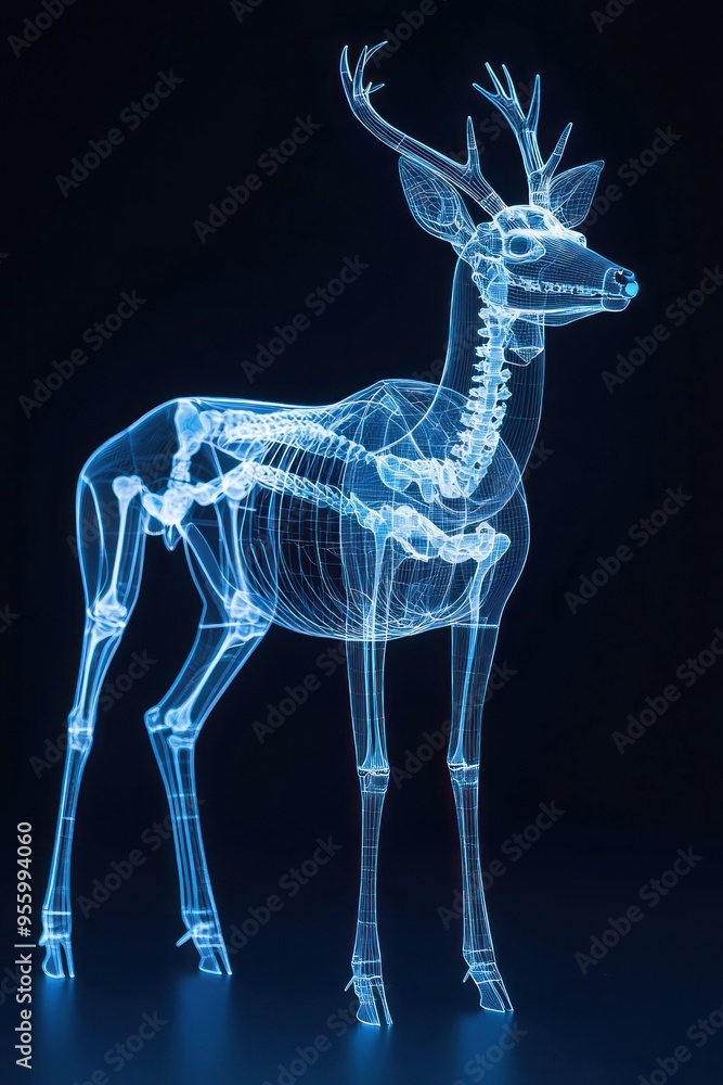 Obraz premium Transparent holographic deer skeleton with rotating view, advanced CT scan, futuristic analysis
