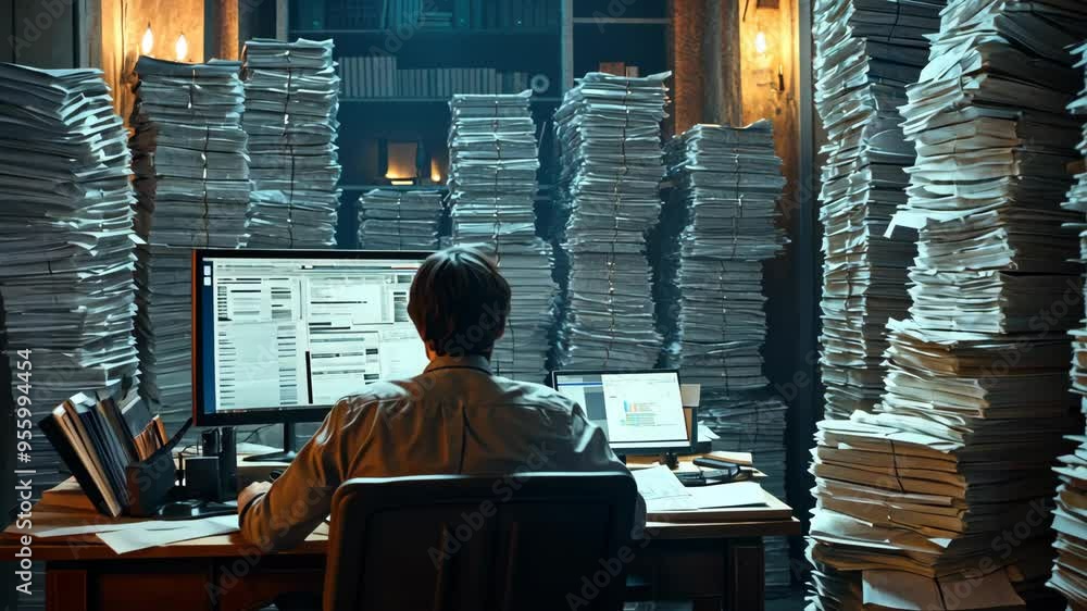 Overwhelmed office worker sorting through mountains of paperwork late at night in a dimly lit room