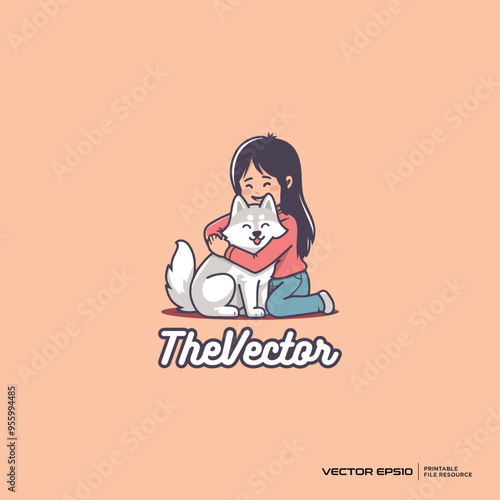 girl cuddling dog logo, vector, mascot, character, cartoon, illustration, eps10