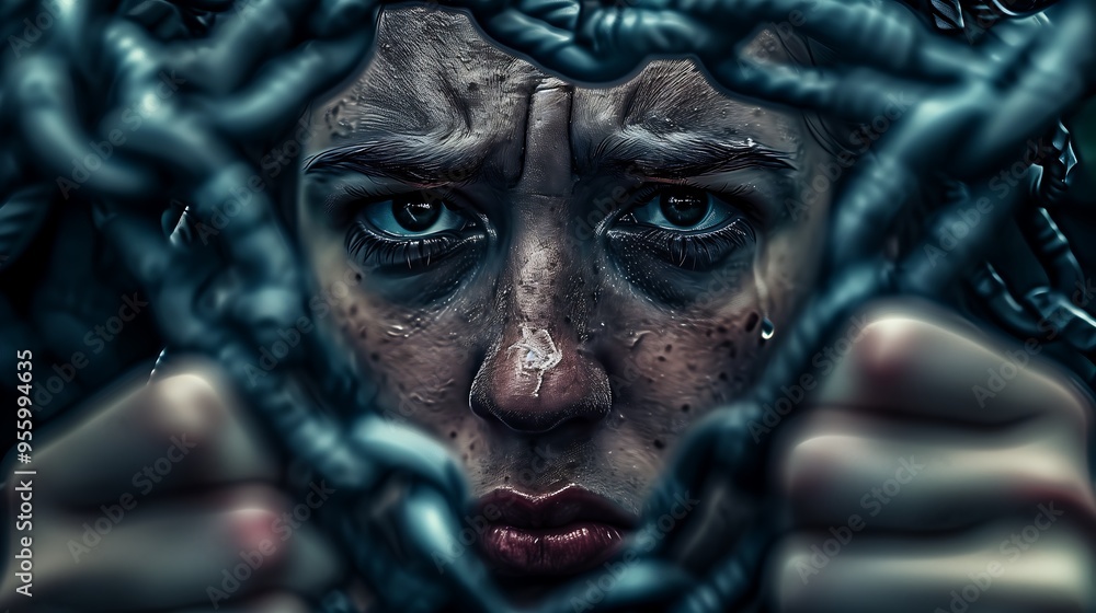 Distressed Woman Behind Chains, Captured in Despair and Sadness Distressed Woman Behind Chains, Captured in Despair and Sadness
